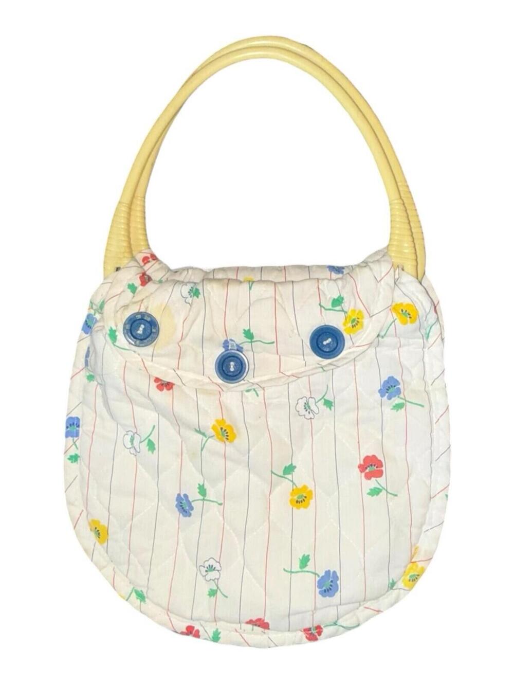 Vintage Floral Quilted Handbag Purse Blue Buttons Plastic Handles Cottagecore